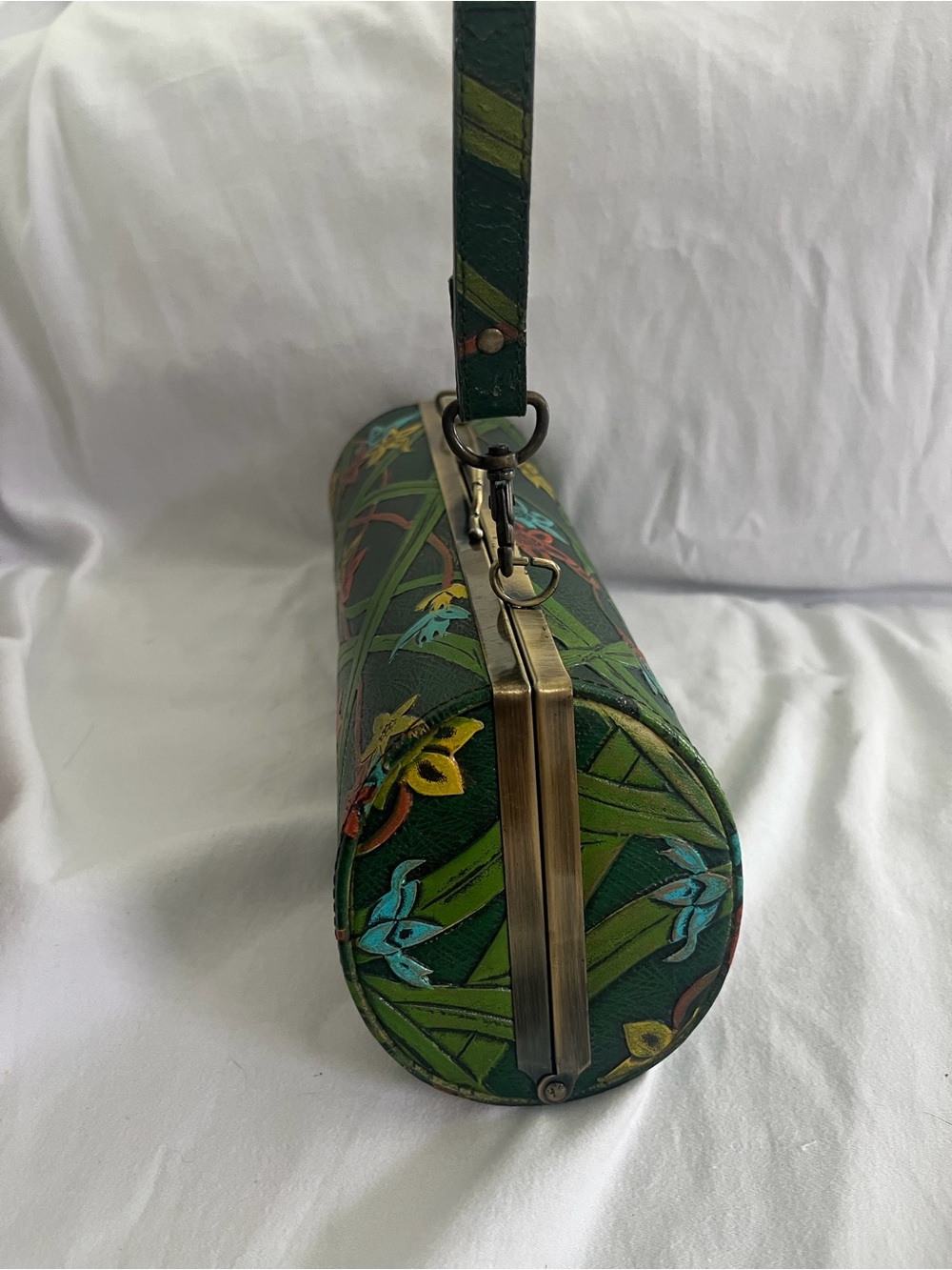 Green Floral Print Cylinder Wristlet Bag